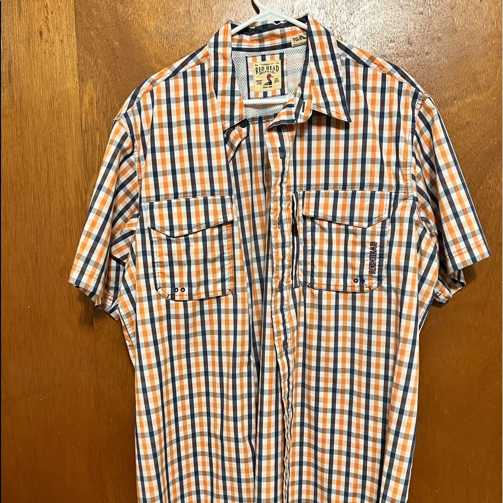 Red Head button down short sleeve shirt.